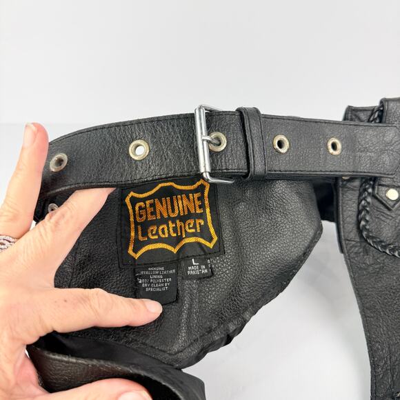 Black Leather side zip/snap motorcycle chaps Women's L Adj. Silver Buckle Waist - Picture 10 of 13